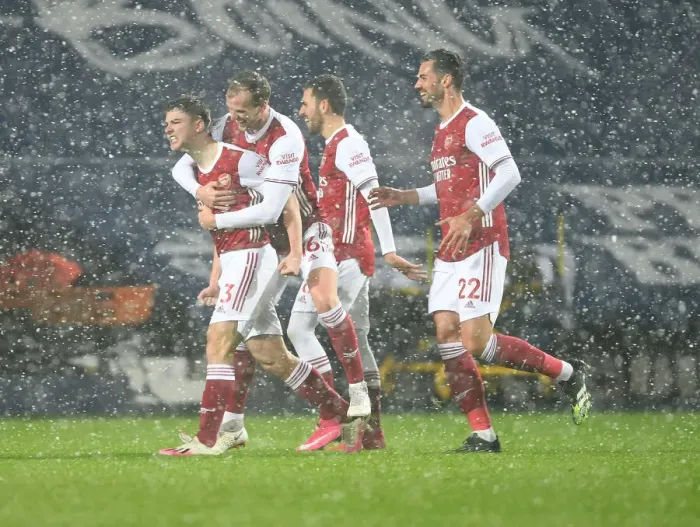 Framed Print : Kieran Tierney Scores First Arsenal Goal: Arsenal's Triumph Over West Bromwich Albion in Premier League 2020-21