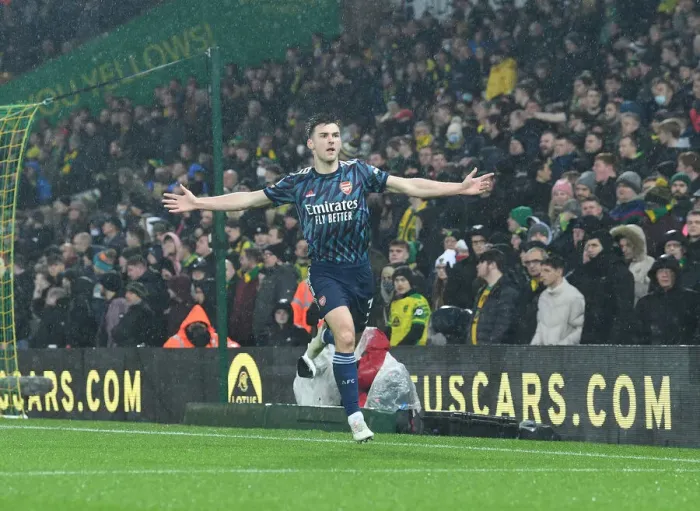 Framed Print : Kieran Tierney Scores His Second Goal: Arsenal's Victory over Norwich City in the Premier League 2021-22