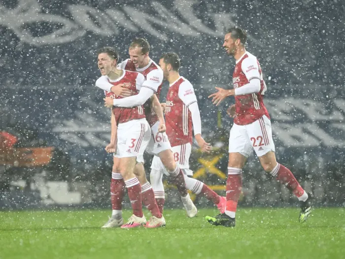 Framed Print : Kieran Tierney Scores the Winning Goal for Arsenal Against West Bromwich Albion (2021)