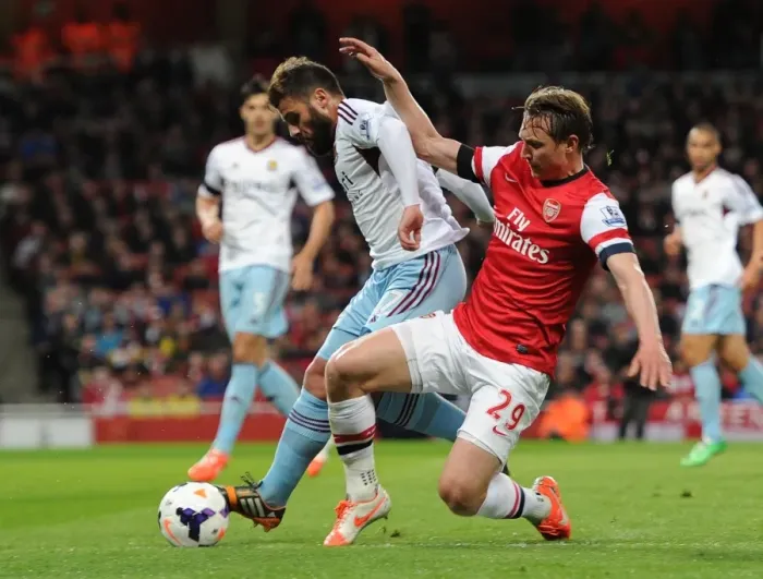 Framed Print : Kim Kallstrom (Arsenal) tackles Antonio Nocerino (West Ham). Arsenal 3: 1 West Ham United Framed Print : Kim Kallstrom (Arsenal) tackles Antonio Nocerino (West Ham). Arsenal 3: 1 West Ham United