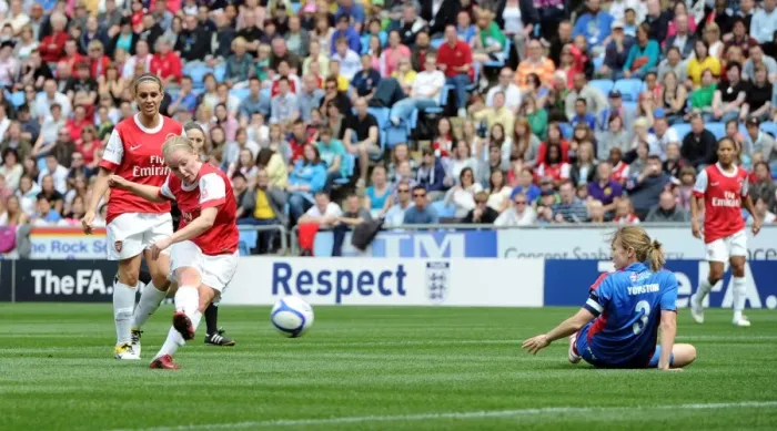 Framed Print : Kim Little scores Arsenals 1st goal past Corinne Yorston (Bristol) Framed Print : Kim Little scores Arsenals 1st goal past Corinne Yorston (Bristol)