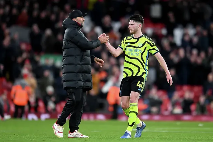 Framed Print : Klopp and Rice Share a Moment: Liverpool vs. Arsenal, Premier League 2023-24 Framed Print : Klopp and Rice Share a Moment: Liverpool vs. Arsenal, Premier League 2023-24