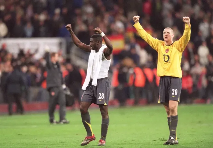 Framed Print : Kolo Toure and Philippe Senderos (Arsenal) celebrate infront of the Arsenal fans at the end of the m Framed Print : Kolo Toure and Philippe Senderos (Arsenal) celebrate infront of the Arsenal fans at the end of the m