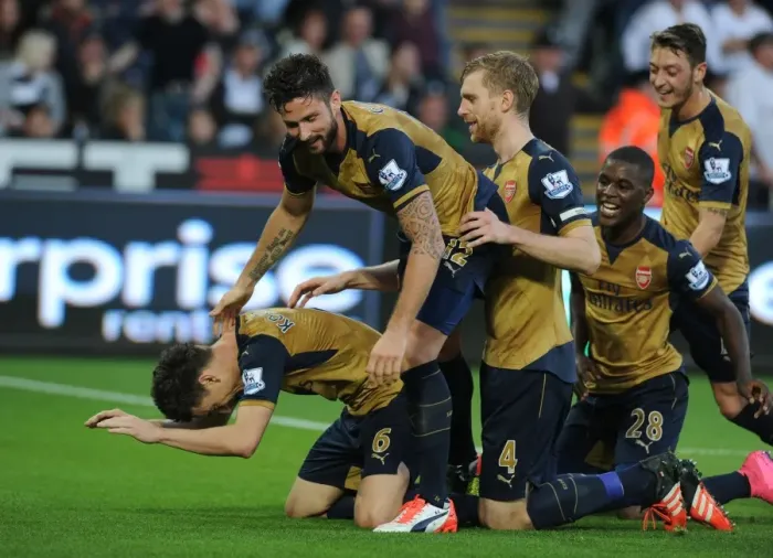 Framed Print : Koscielny Scores the Second: Arsenal's Triumph over Swansea City (2015-16) Framed Print : Koscielny Scores the Second: Arsenal's Triumph over Swansea City (2015-16)