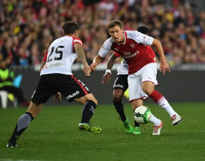 Framed Print : Krystian Bielik Clashes with Chris Herd: Sydney Wanderers vs. Arsenal (2017-18)