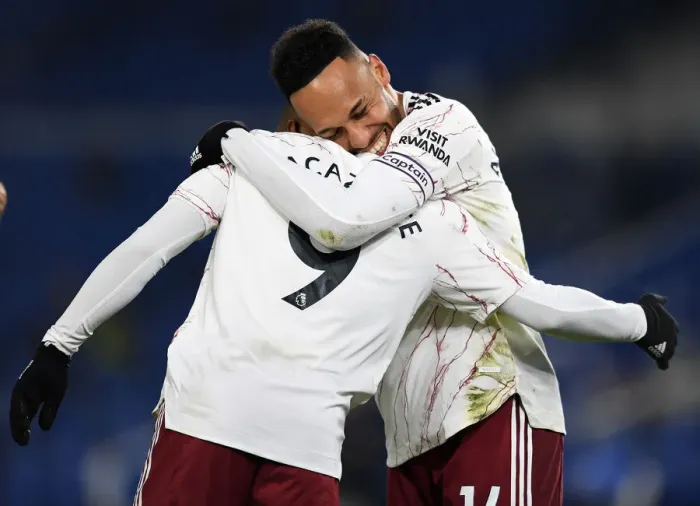 Framed Print : Lacazette and Aubameyang Celebrate Goal: Brighton & Hove Albion vs. Arsenal, Premier League 2020-21