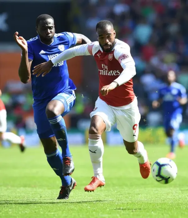 Framed Print : Lacazette vs. Bamba: Clash of the Titans - Cardiff City vs. Arsenal FC, Premier League 2018-19