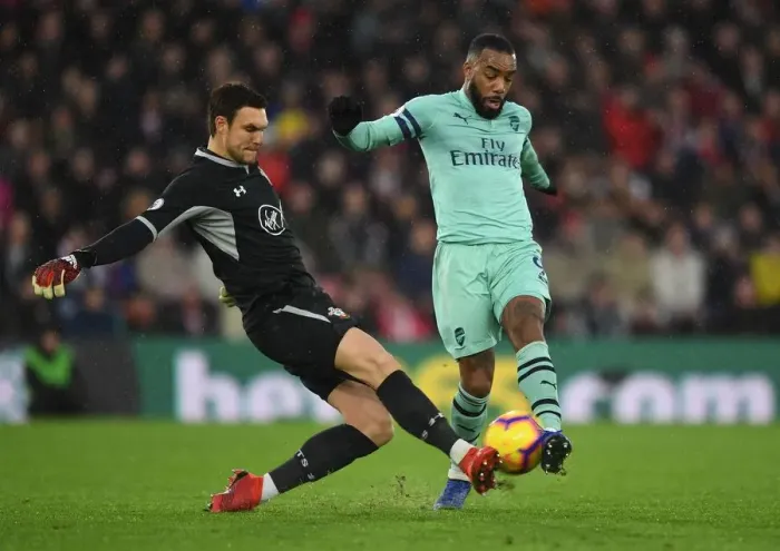 Framed Print : Lacazette vs McCarthy: Intense Clash in Southampton v Arsenal Premier League Encounter Framed Print : Lacazette vs McCarthy: Intense Clash in Southampton v Arsenal Premier League Encounter