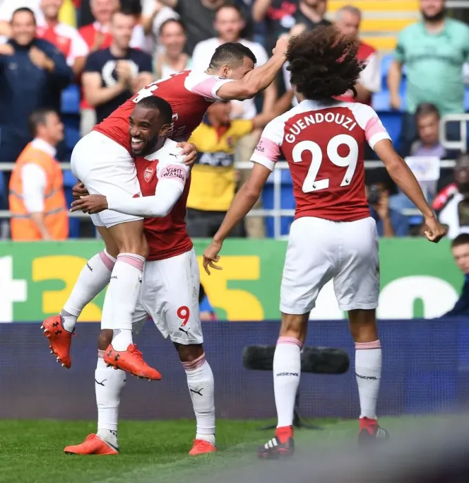 Framed Print : Lacazette and Xhaka Celebrate Arsenal's Goals Against Cardiff City Framed Print : Lacazette and Xhaka Celebrate Arsenal's Goals Against Cardiff City