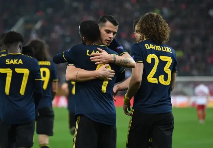 Framed Print : Lacazette and Xhaka: Europa League Goal Celebration