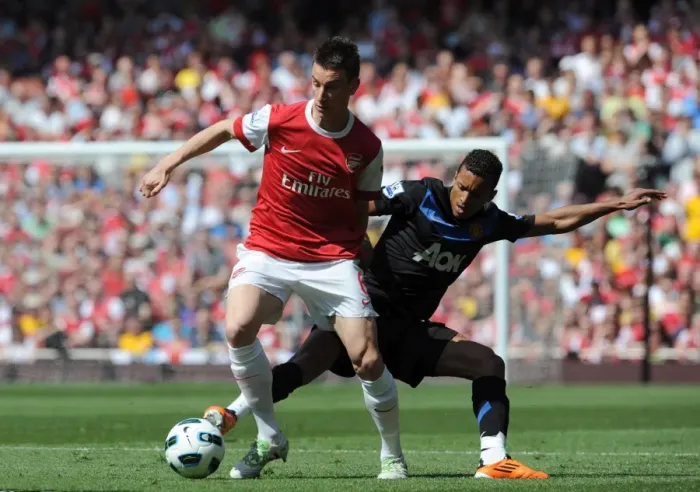 Framed Print : Laurent Koscielny (Arsenal) Nani (Man Utd). Arsenal 1: 0 Manchester United