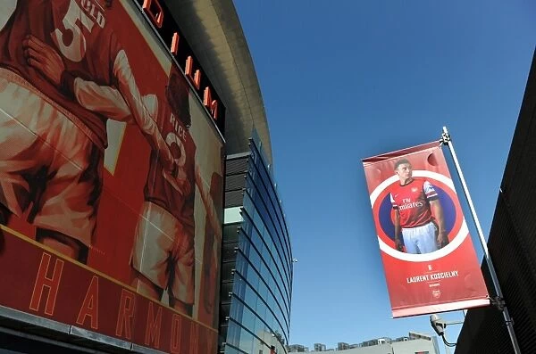 Laurent Koscielny banner outside the stadium. Arsenal 0:0 Sunderland. Barclays Premier League