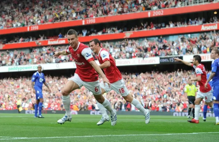 Framed Print : Laurent Koscielny celebrates scoring the 1st Arsenal goal with Sebastien Squillaci