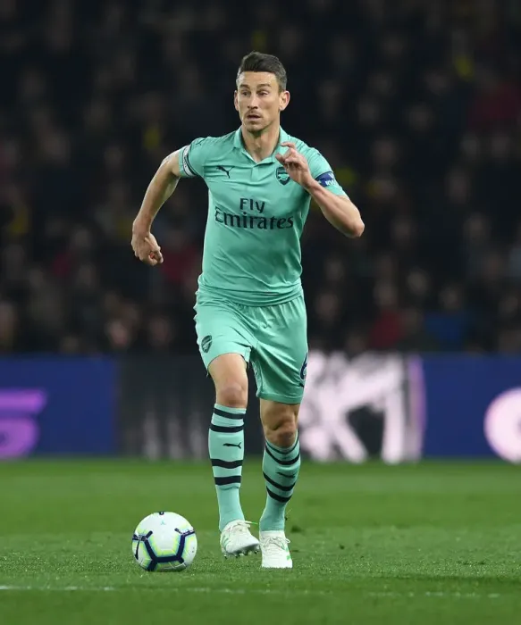Framed Print : Laurent Koscielny Focuses in Arsenal's Victory Against Watford (Watford v Arsenal, Premier League 2018-19)