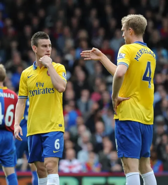 Framed Print : Laurent Koscielny and Per Mertesacker (Arsenal). Crystal Palace 0: 2 Arsenal. Barclays Framed Print : Laurent Koscielny and Per Mertesacker (Arsenal). Crystal Palace 0: 2 Arsenal. Barclays
