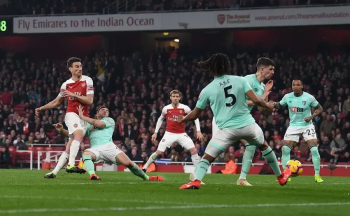 Framed Print : Laurent Koscielny Scores Arsenal's Third Goal Against Bournemouth (2018-19)