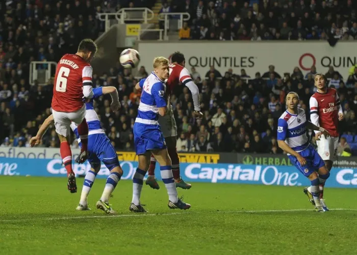 Framed Print : Laurent Koscielny's Header: Arsenal's Third Goal vs. Reading in Capital One Cup (October 2012)