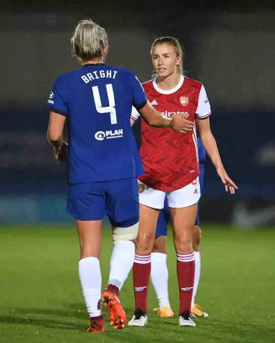 Framed Print : Leah Williamson and Millie Bright Share a Moment of Sportsmanship: Chelsea Women vs Arsenal Women in Continental Cup Clash