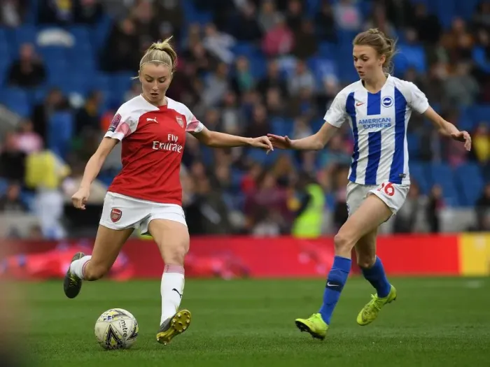 Framed Print : Leah Williamson vs Ellie Brazil: Intense Battle in FA WSL Match between Brighton & Arsenal Women