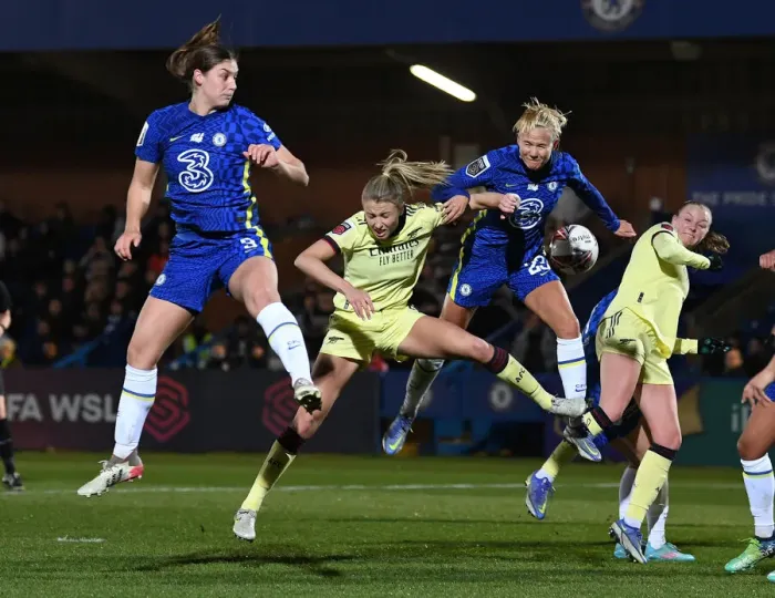 Framed Print : Leap of Determination: Williamson Fights for the Ball in Chelsea vs. Arsenal FA WSL Clash Framed Print : Leap of Determination: Williamson Fights for the Ball in Chelsea vs. Arsenal FA WSL Clash