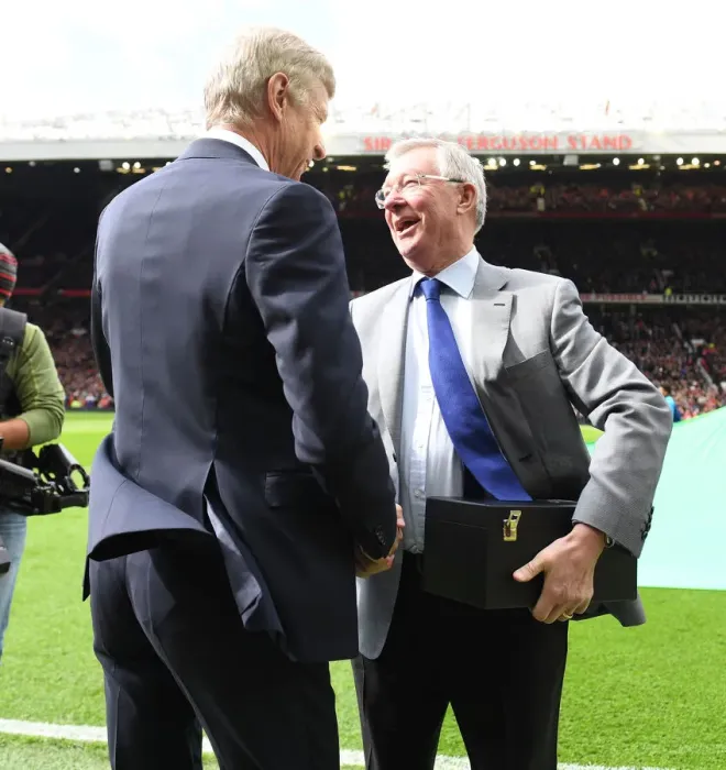Framed Print : A Legendary Rivalry Revisited: Wenger and Ferguson Reunite in Manchester United vs Arsenal, Premier League 2017-18