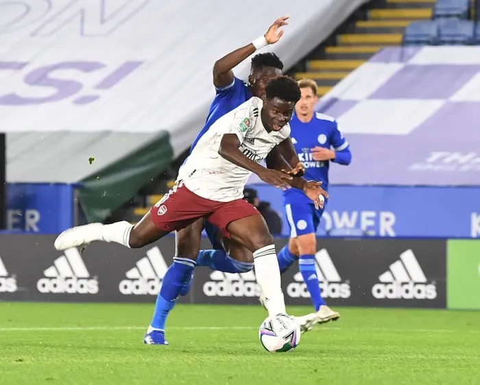 Framed Print : Leicester vs Arsenal: Bukayo Saka vs Daniel Amartey Clash in Carabao Cup Showdown Framed Print : Leicester vs Arsenal: Bukayo Saka vs Daniel Amartey Clash in Carabao Cup Showdown