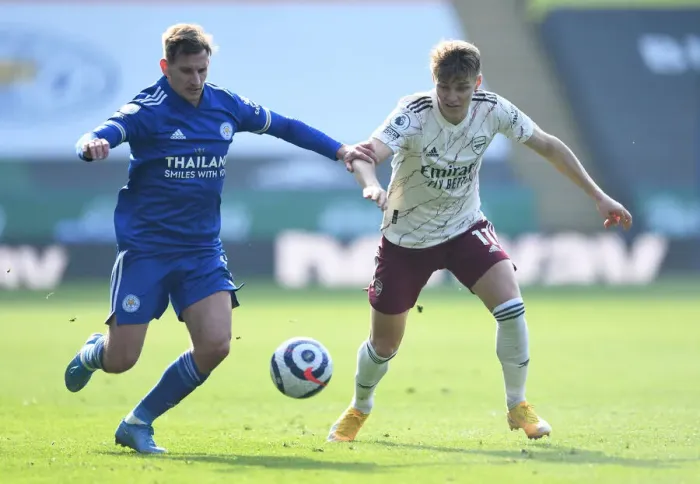 Framed Print : Leicester vs Arsenal: Martin Odegaard Clashes with Marc Albrighton in Premier League Showdown Framed Print : Leicester vs Arsenal: Martin Odegaard Clashes with Marc Albrighton in Premier League Showdown