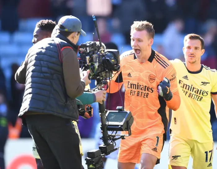 Framed Print : Leno's Triumph: Arsenal's Goalkeeper Celebrates Victory Over Aston Villa