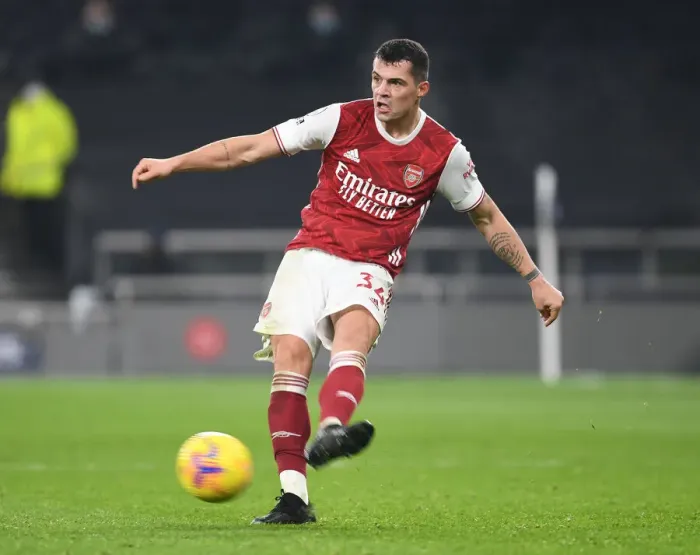 Framed Print : London Derby: Granit Xhaka in Action for Arsenal against Tottenham Hotspur, Premier League 2020-21