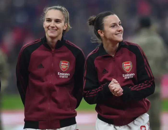 Framed Print : LONDON, ENGLAND - DECEMBER 05: Vivianne Miedema and Lotte Wubben-Moy of Arsenal before the Womens FA Cup Final between