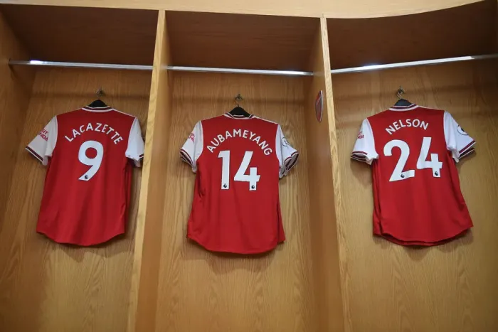Framed Print : LONDON, ENGLAND - DECEMBER 29: Alex Lacazette, Pierre-Emerick Aubameyang and Reiss Nelson shirts hang in the Arsenal Framed Print : LONDON, ENGLAND - DECEMBER 29: Alex Lacazette, Pierre-Emerick Aubameyang and Reiss Nelson shirts hang in the Arsenal