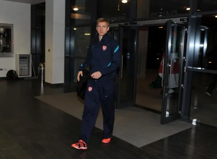 Framed Print : LONDON, ENGLAND - NOVEMBER 23: Per Mertesacker of Arsenal before the UEFA Champions League Group F match between Arsenal FC and Borussia Dortmund at Emirates Stadium on November 23, 2011 in London, England. (Photo by David Price  /  Arsenal FC via