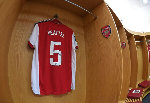 LONDON, ENGLAND - SEPTEMBER 05: The Arsenal womens kit set up in the changingroom before the Barclays FA Womens Super