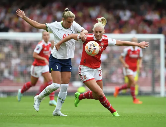 Framed Print : London Rivalry: Arsenal's Stina Blackstenius vs. Tottenham's Molly Bartrip Clash in FA Womens Super League Framed Print : London Rivalry: Arsenal's Stina Blackstenius vs. Tottenham's Molly Bartrip Clash in FA Womens Super League