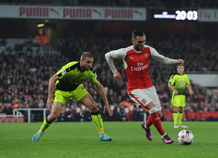 Framed Print : Lucas Perez (Arsenal) Joey van den Berg (Reading). Arsenal 2: 0 Reading. EFL Cup 4th Round Framed Print : Lucas Perez (Arsenal) Joey van den Berg (Reading). Arsenal 2: 0 Reading. EFL Cup 4th Round