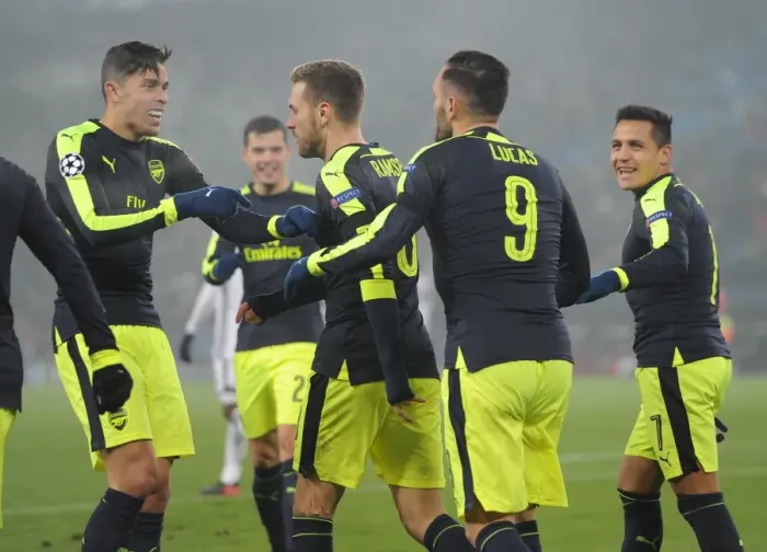 Framed Print : Lucas Perez celebrates scoring his and Arsenals 3rd goal with Gabriel and Alexis