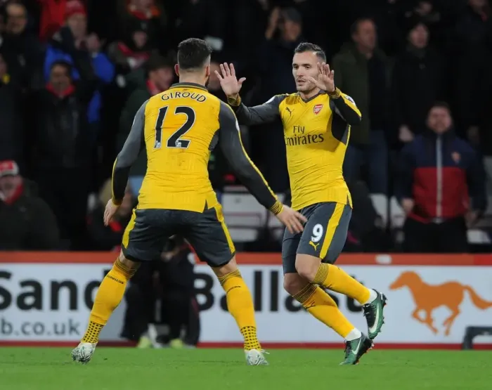 Framed Print : Lucas Perez and Olivier Giroud Celebrate Arsenal's Second Goal vs AFC Bournemouth (2016-17)