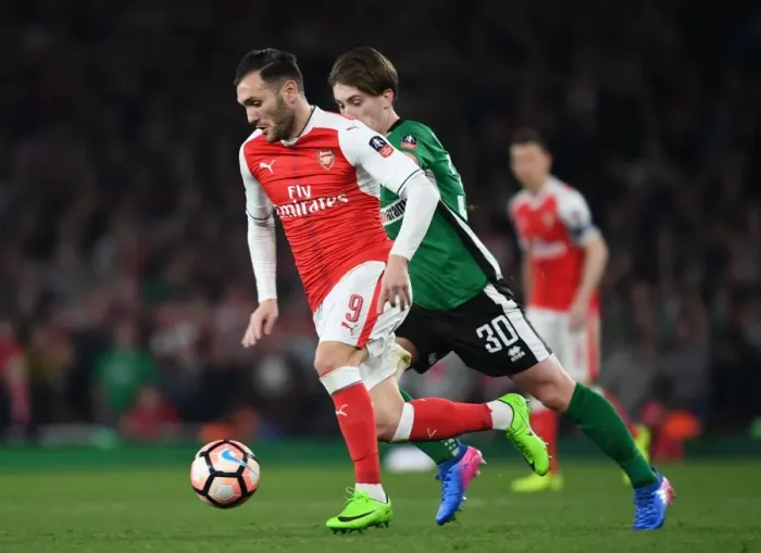 Framed Print : Lucas Perez Outwits Alex Woodyard: Arsenal's FA Cup Quarter-Final Victory