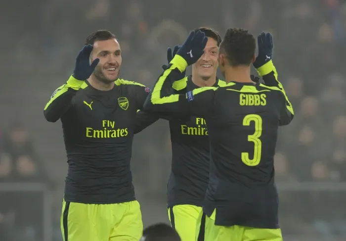 Framed Print : Lucas Perez Scores Arsenal's Second Goal in UEFA Champions League Match against FC Basel (2016-17)