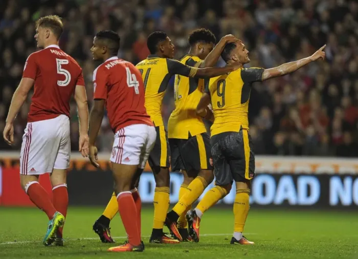 Framed Print : Lucas Perez's Brace: Arsenal Dominate Nottingham Forest in EFL Cup Third Round