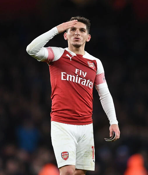 Lucas Torreira Celebrates with Arsenal Fans after Arsenal's Victory over Huddersfield Town