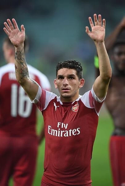 Lucas Torreira Celebrates with Arsenal Fans after Qarabag Victory, UEFA Europa League 2018-19