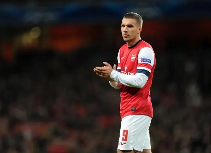 Framed Print : Lukas Podolski in Action: Arsenal vs Montpellier, UEFA Champions League, 2012