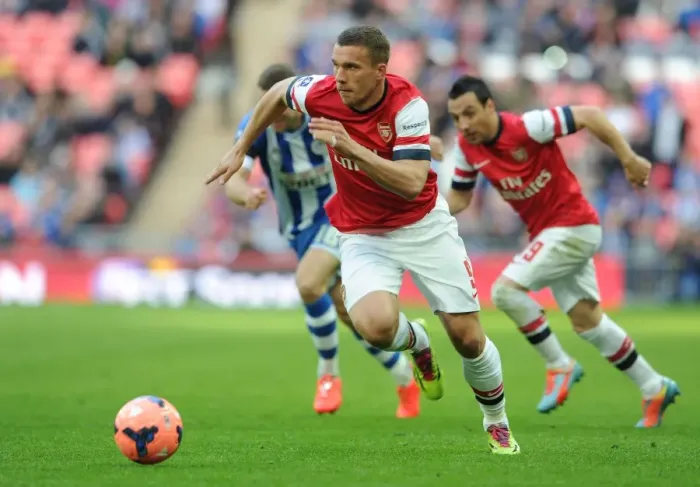 Framed Print : Lukas Podolski in Action: Arsenal vs Wigan Athletic, FA Cup Semi-Final 2014