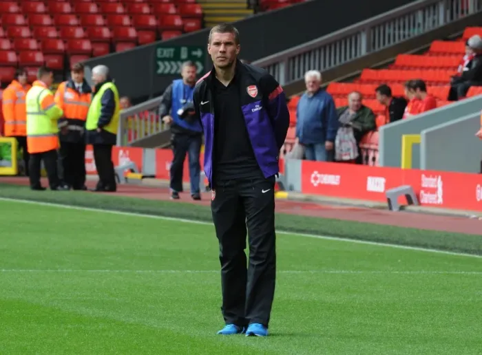 Framed Print : Lukas Podolski: Arsenal's Pre-Match Focus at Anfield (Liverpool v Arsenal 2012-13)