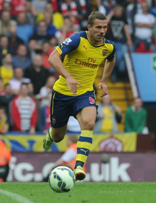 Framed Print : Lukas Podolski: Arsenal's Star Performer at Aston Villa, September 2014