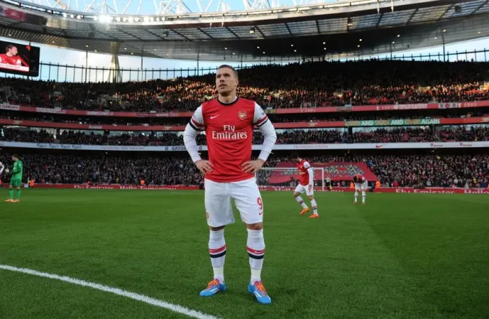 Framed Print : Lukas Podolski: Arsenal's Star Striker in Action Against Crystal Palace, Premier League 2013-14