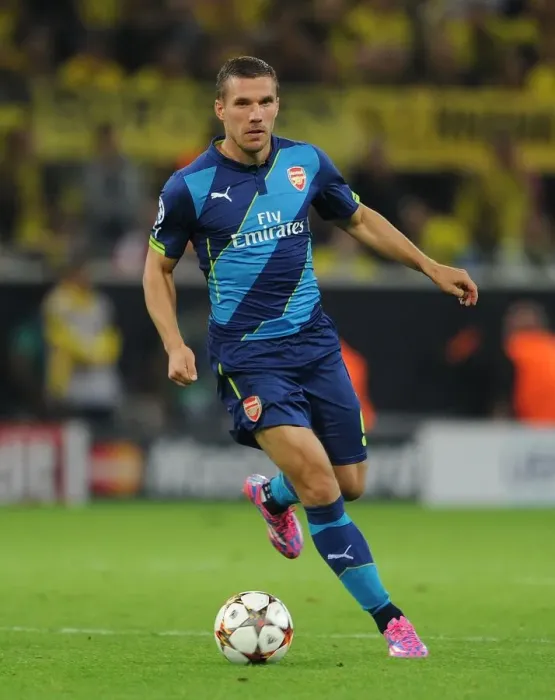 Framed Print : Lukas Podolski: Battle of the Borussias - Borussia Dortmund vs. Arsenal, UEFA Champions League, 2014