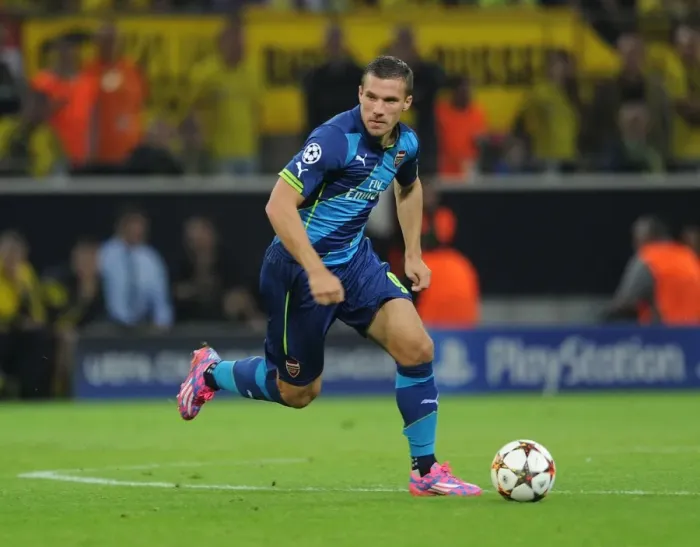 Framed Print : Lukas Podolski: Battle of the Former Dortmund Stars - Borussia Dortmund vs Arsenal, UEFA Champions League 2014-15