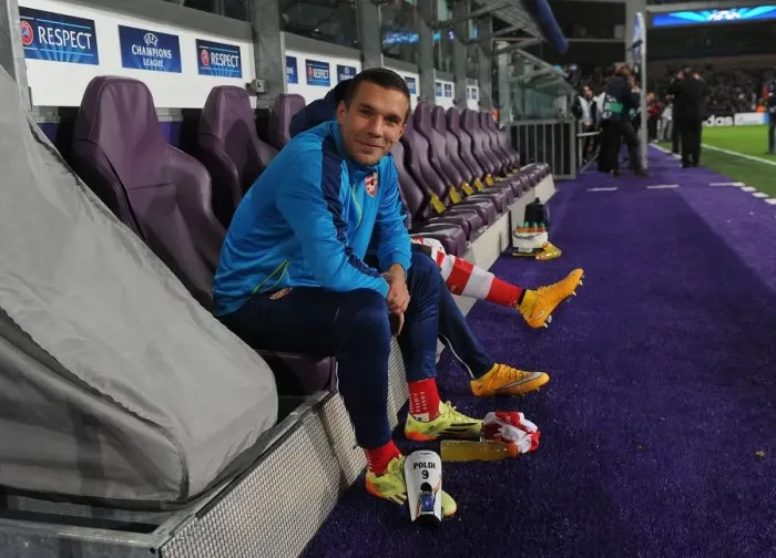 Framed Print : Lukas Podolski on the Bench: Arsenal FC vs. RSC Anderlecht, UEFA Champions League 2014-15